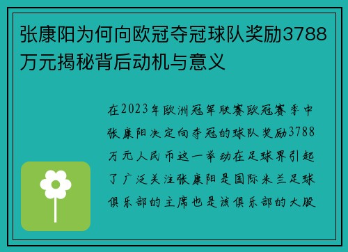 张康阳为何向欧冠夺冠球队奖励3788万元揭秘背后动机与意义