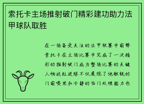 索托卡主场推射破门精彩建功助力法甲球队取胜