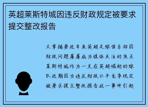 英超莱斯特城因违反财政规定被要求提交整改报告