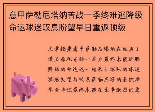 意甲萨勒尼塔纳苦战一季终难逃降级命运球迷叹息盼望早日重返顶级